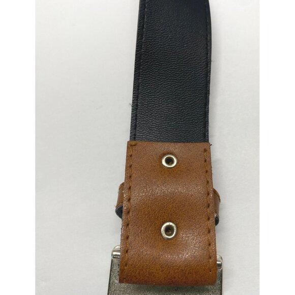 Western Style Brown Faux Leather Belt Ornate Red Enamel Silver Tone Buckle - Picture 9 of 10